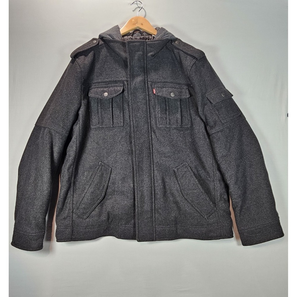 Levi's Men's Wool Blend Hooded Jacket XL Gray Quilted Lined Military Style